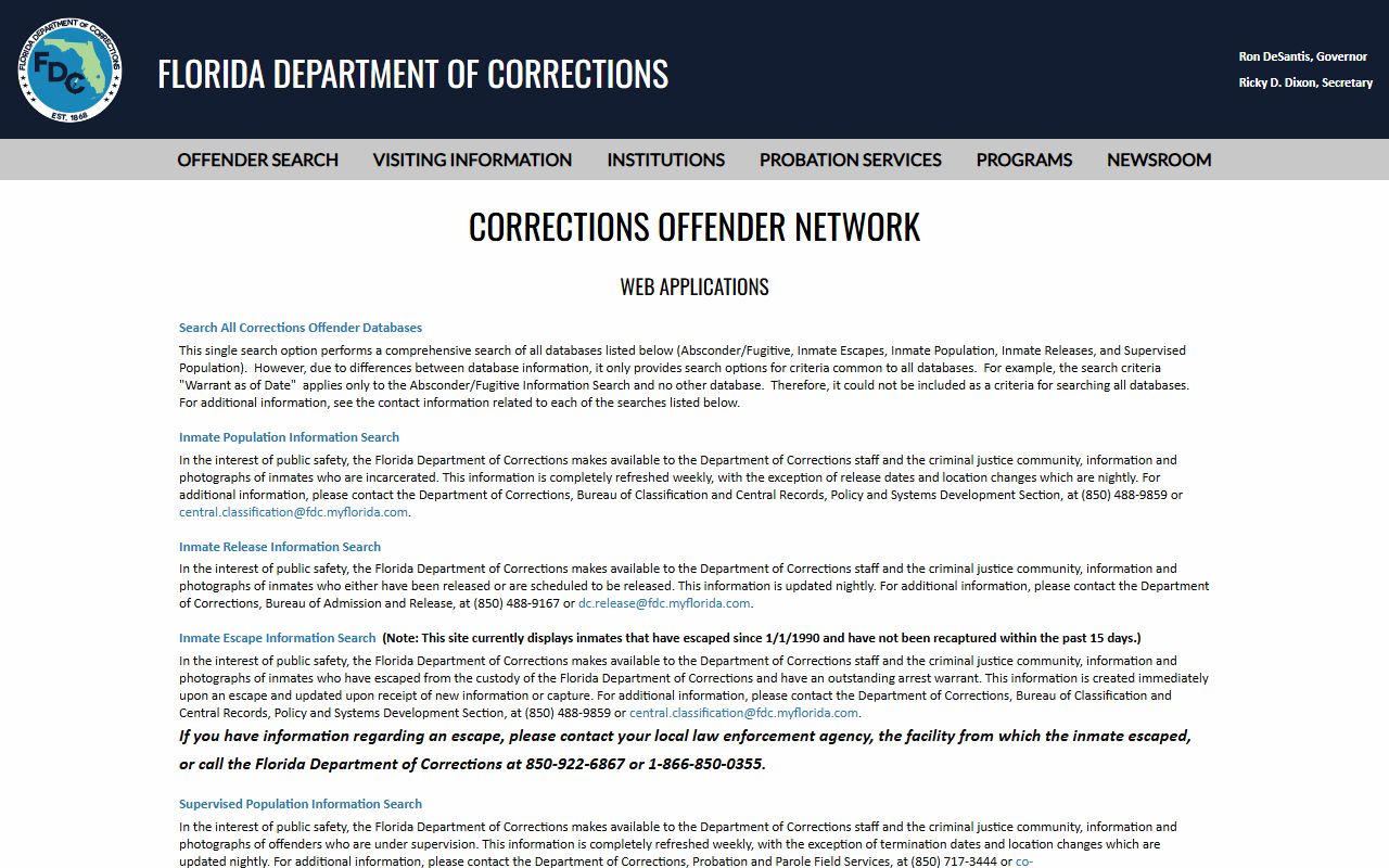 Florida DOC inmate population search menu for Manatee County sentenced inmates