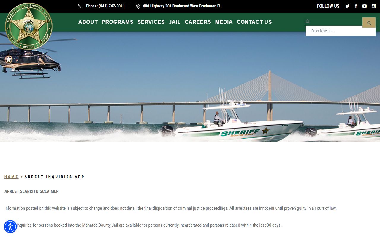 Manatee County inmate population arrest inquiry roster search page