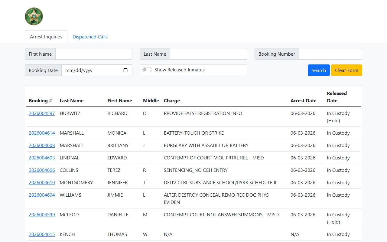 Manatee County jail inmate records bookings search interface