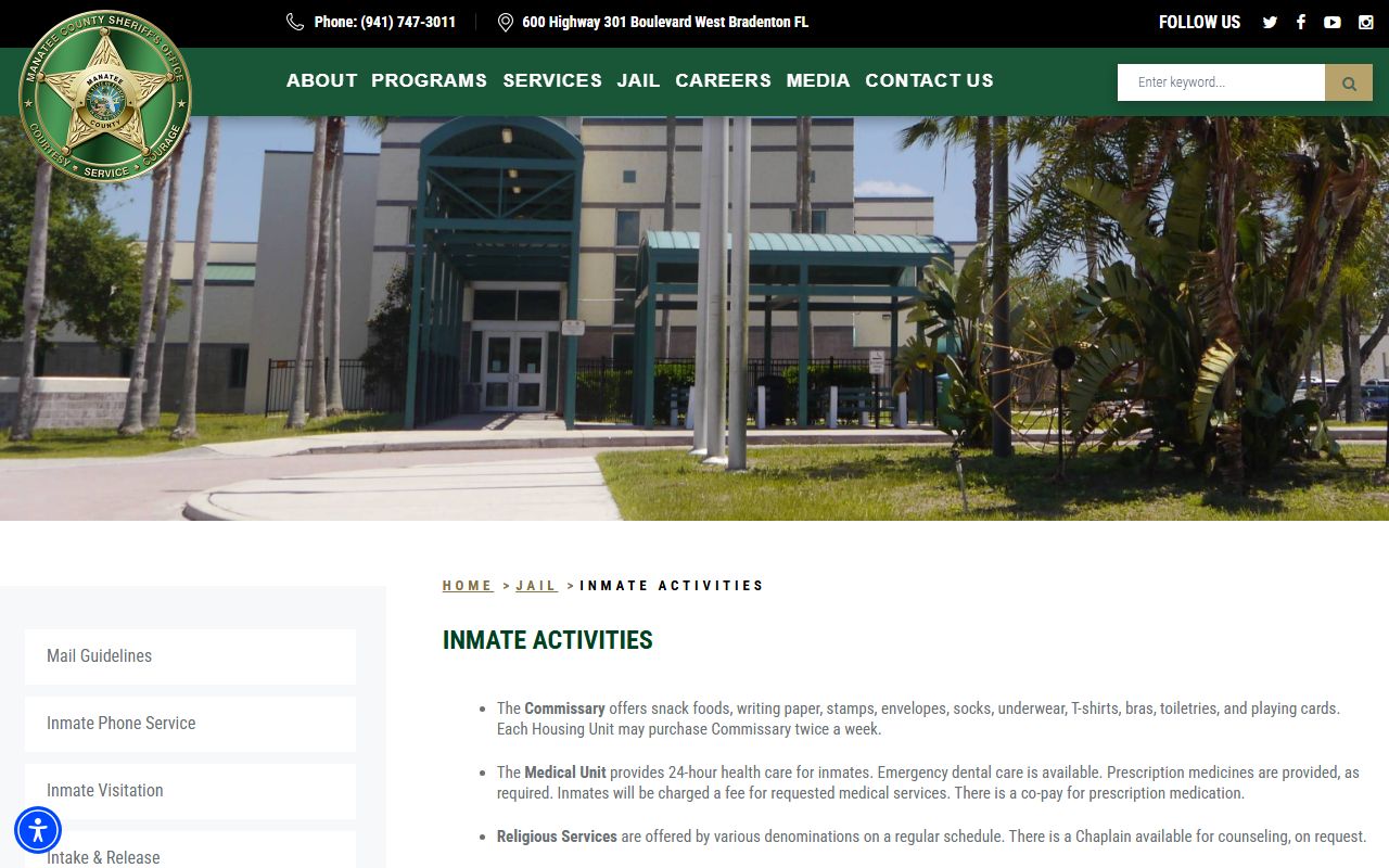 Manatee County Central Jail inmate programs, medical, and commissary services