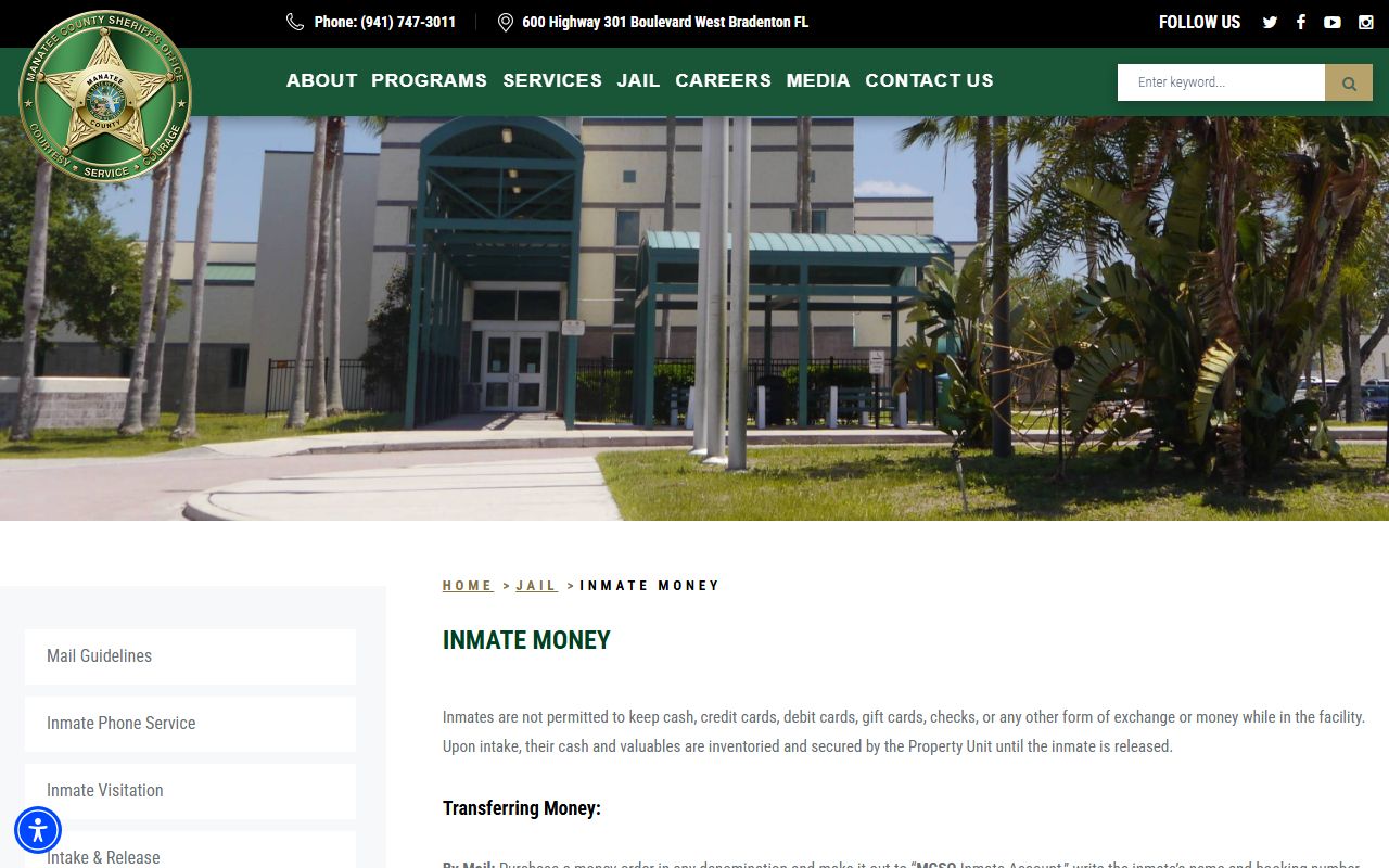 Manatee County Central Jail inmate money deposit and phone options