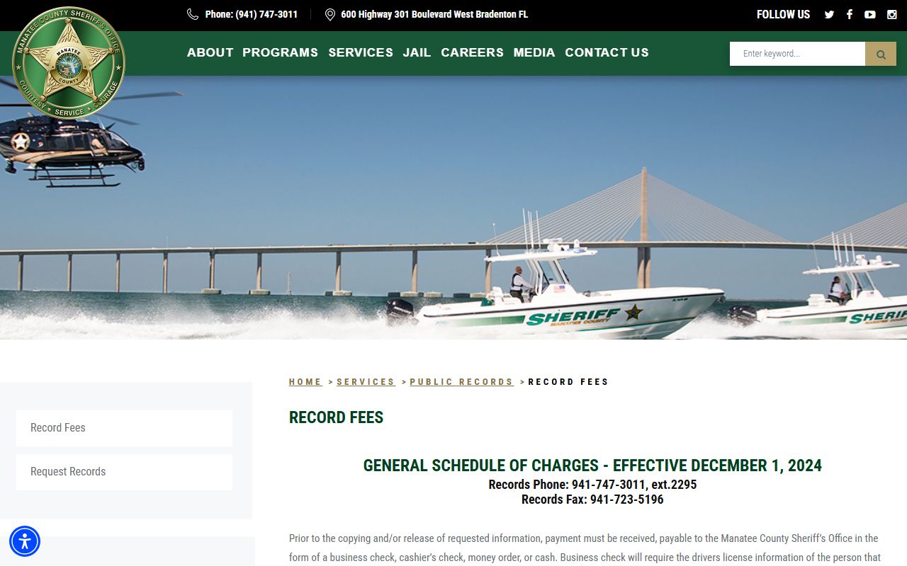 Manatee County Sheriff record fee schedule for booking photo and report copies