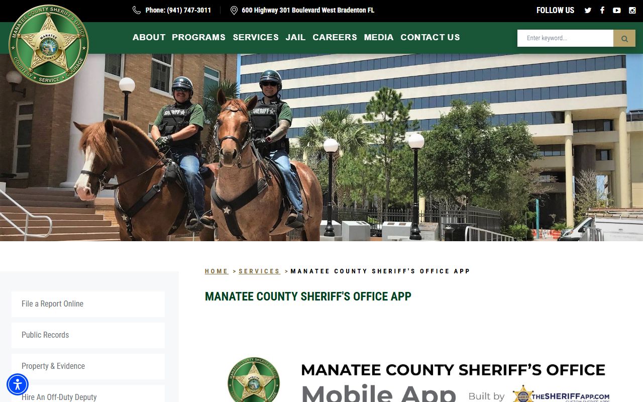 Manatee County Sheriff mobile app page with arrest search for jail mugshots
