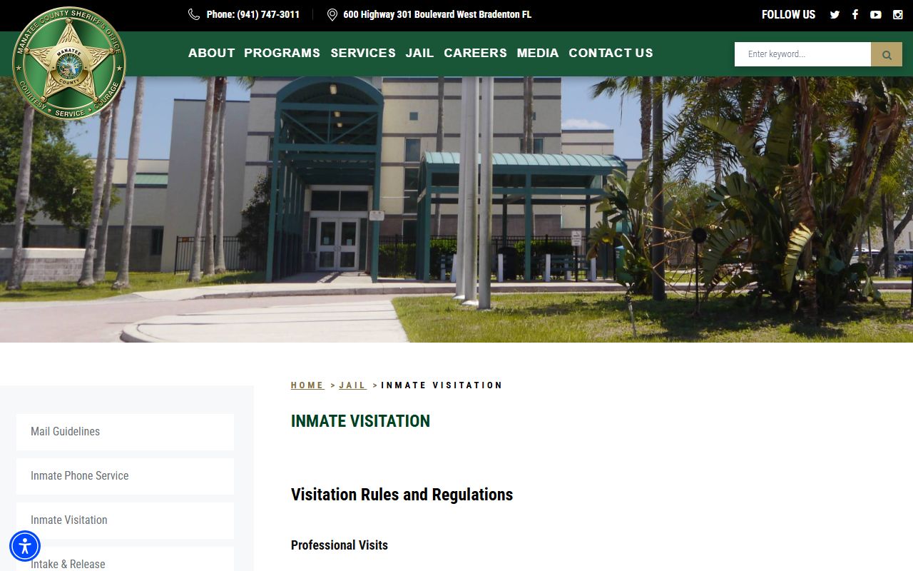 Manatee County Central Jail inmate visitation rules and scheduling