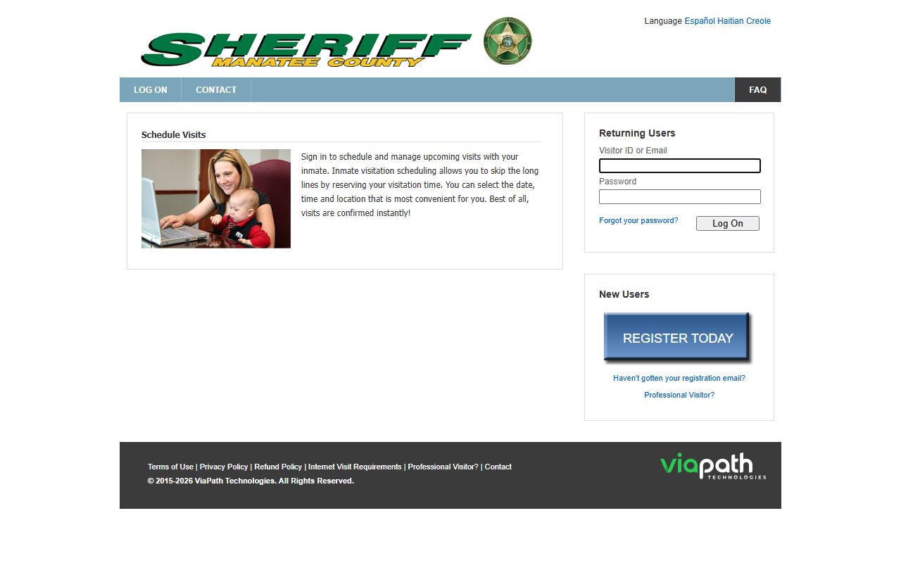 Manatee County jail inmate visitation scheduling portal